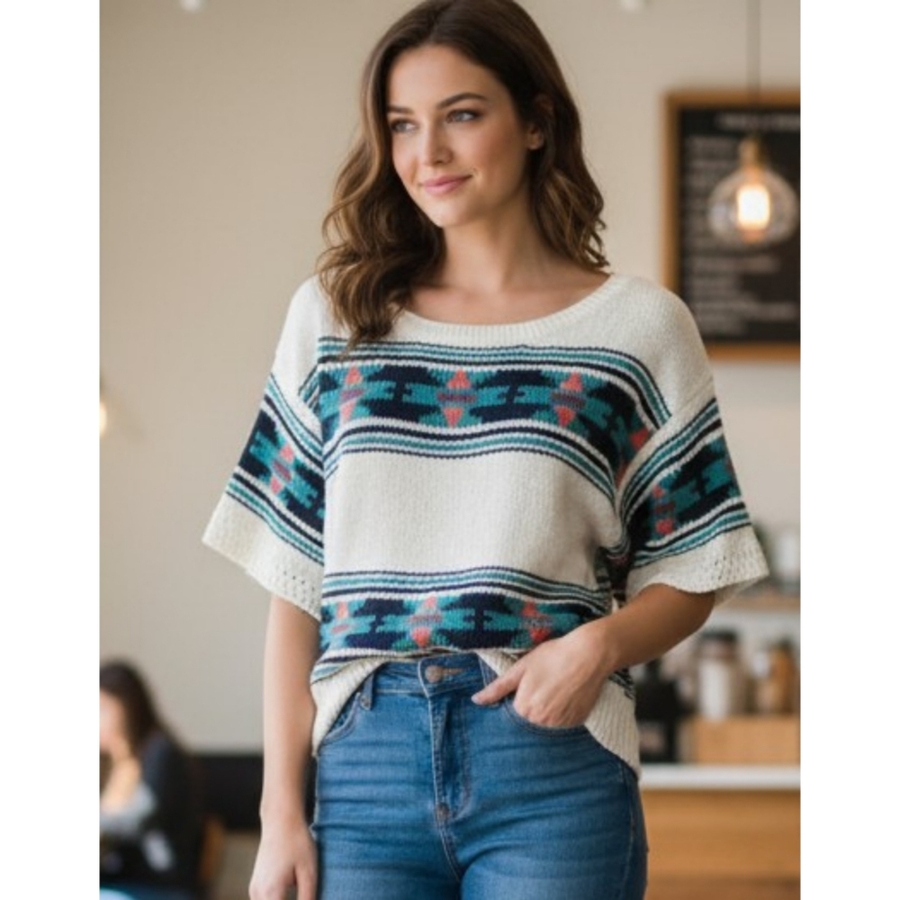 American Eagle Dolman Sleeve Aztec Print Sweater White Size S
